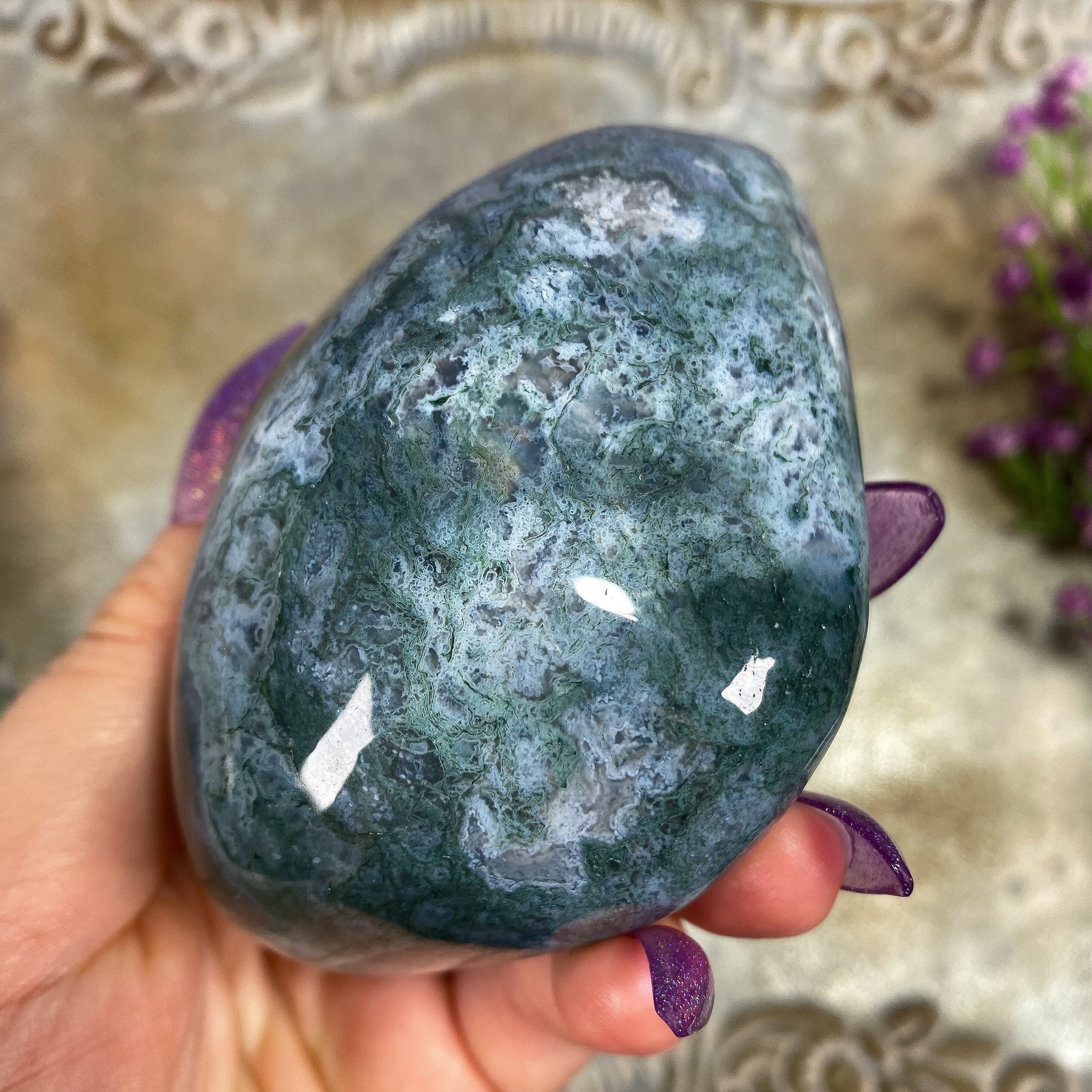 XL Moss Agate Palm Stone