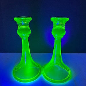 Pair of Vintage Trumpet Vaseline Uranium Glass Yellow 7&quot; Candlesticks ~ Glows