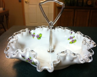 Vintage Fenton Hand Painted Violets  8 inch Candy Dish with handle