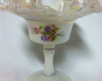 Beautiful Fenton Hand Painted Carnival Glass Crimped  Compote Dish