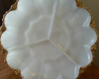 Beautiful Scalloped Milk Glass, Divided Dish with Gold Trim