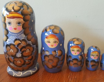 Set of 5 Russian Nesting Dolls, Hand Painted, Blue