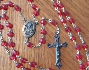 Vintage Saint Therese Rosary "Pray for Us"  Red