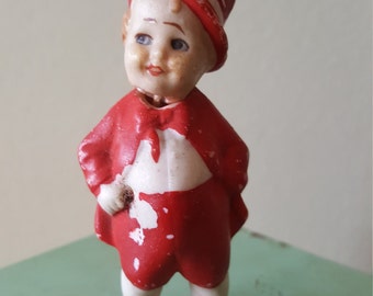 Antieke Duitse Bisque Nodder pop, handgeschilderde, kleine jongen
