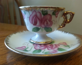 Enesco Japan, Vintage Miniature Hand Painted, tea cup and saucer, pink floral design with gold trim