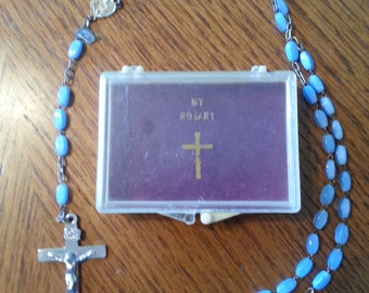 Blue Beaded Rosary Made in Italy, 19" long