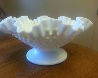 Beautiful Fenton White Hobnail Ruffled Edging, Pedestal Bowl