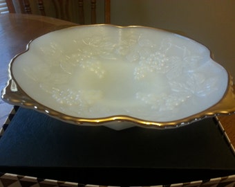 Vintage Milk Glass Handled Gold Trim Bowl by Anchor Hocking with original box