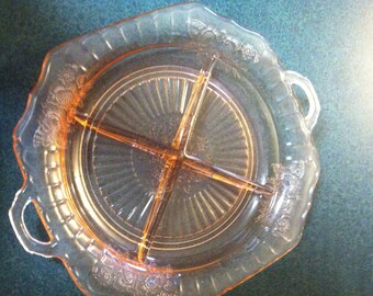 Vintage Pink Depression Glass 4 part relish tray with handles