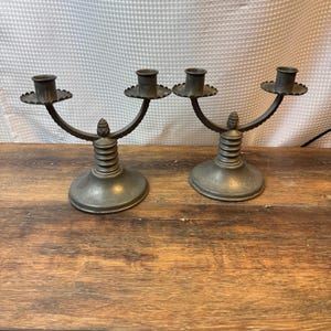 Antique Pewter Two-Arm Candelabras: Continental Taper Candleholders