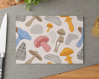 Planche à découper en verre, champignons esquissés