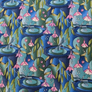 Reflections fuchsia flowers and dragonflies blue pink purple 5584 - high quality quilting cotton from the bolt