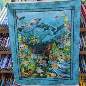 Panel Calypso II by Jason Yenter - full yard 36x44 Teal - Ocean Sea Whales Turtles - In The Beginning