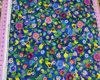 Garden Delight - Pansies and flowers on dark blue -  high quality quilting cotton from the bolt