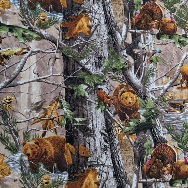 Real Tree Animals in Forest - Buck Duck Bear Turkey Deer Elk Branches Leaves- high quality quilting Cotton from the bolt