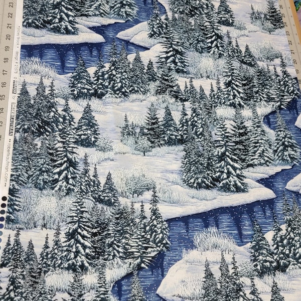 Snowy Brook Night - winter mountain trees With silver metallic-  high quality quilting cotton from the bolt