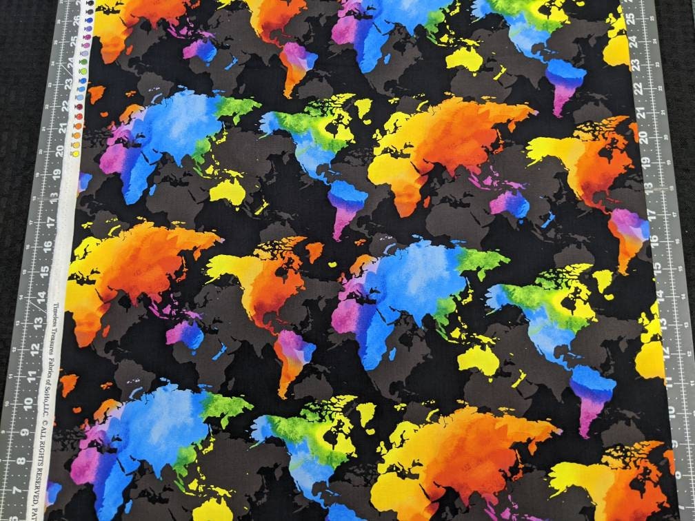 World Map Rainbow Earth Continents Colorful - High Quality Quilting ...
