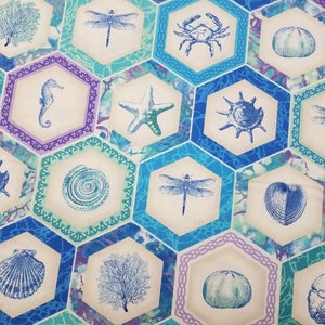 Ocean Hexis - Crab, Seahorse, shells, Dragonfly,  starfish - Fabric High Quality Cotton- By The YARD