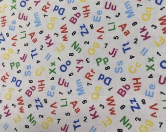Alphabet and numbers on white - colorful high quality quilting cotton from the bolt
