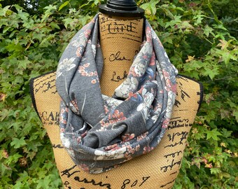 Infinity Pocket Scarf, gray floral, fall/winter scarf, passport scarf, travel scarf, zipper scarf, cell phone pocket
