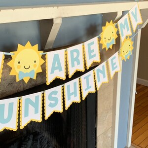 May include: A banner with the words "YOU ARE MY SUNSHINE" in light blue letters. The banner has a scalloped edge and is decorated with yellow suns with blue bow ties. The banner is strung across a fireplace.