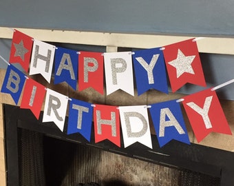 4th Of July Birthday Party Decorations Kit - Patriotic Banner, Paper Flowers & Fans