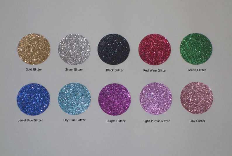 May include: Ten different colors of glitter in round containers. The colors are gold, silver, black, red wine, green, jewel blue, sky blue, purple, light purple, and pink.