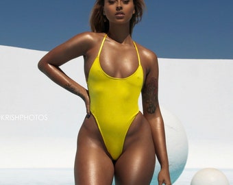 One Piece swimsuit thong , One Piece Bathing suit women , The Baywatch Bikini In Samba Yellow ,  By Bikinis By Ashley Gates