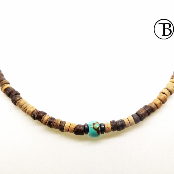 Surfer Beaded Necklace Cream Coconut Wood Turquoise Hematite Beads 18" Choker Handcrafted Jewellery By TaKuKai