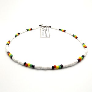 Rasta Beads Beaded Necklace - African Colours 18" Handmade Choker - White Glass Seed Beads Rasta Colours Necklace