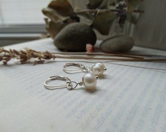 Freshwater White Pearl Dangle Earrings, Silver plated brass earrings