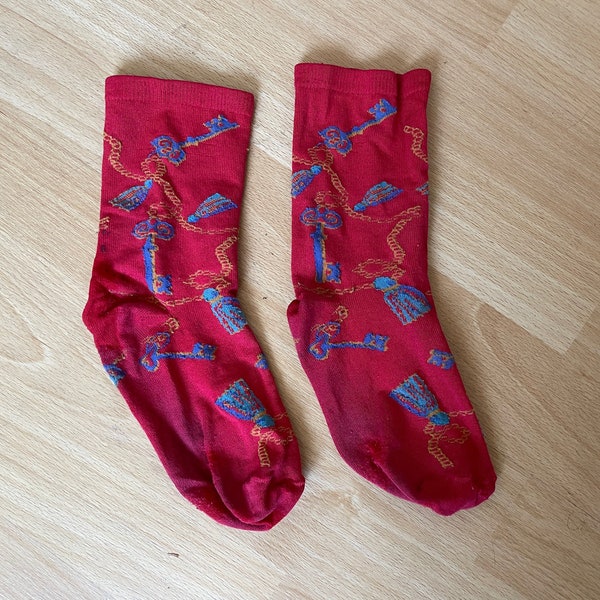 Vintage red equestrian key chains printed ankle socks footed solid womens one size novelty pattern fashion small ladies short blue gold