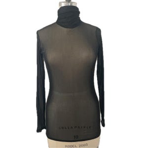 Vintage long sleeve black turtleneck sheer mesh top shirt blouse see thru stretch knit iconic made in France 90s french ruched 1990s medium image 3