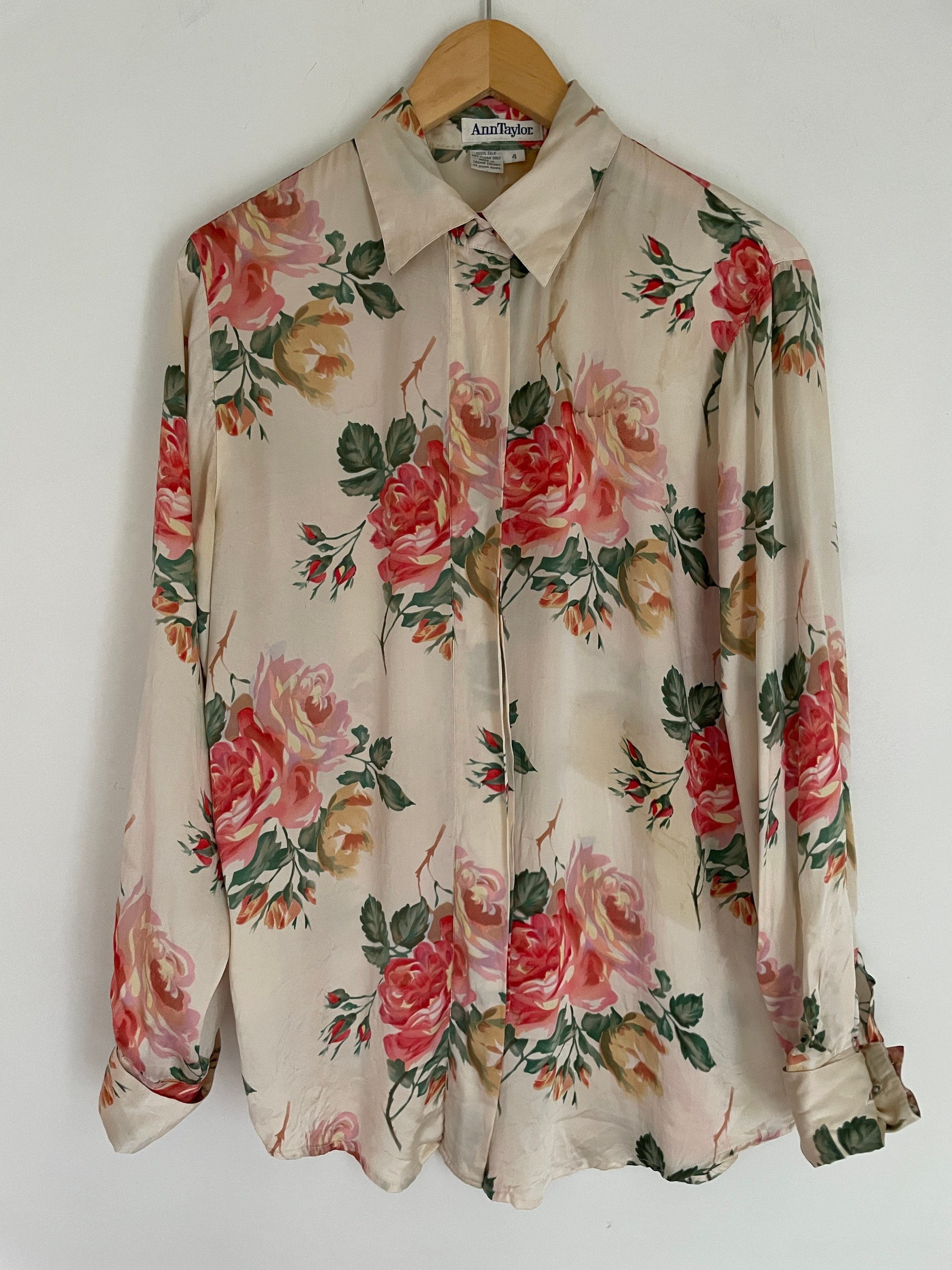 80s 90s Ann Taylor 100% Silk Cabbage Rose Printed Long Sleeve Blouse Button  up Shirt Iconic Print 1990s 1980s French Cuff Made in Hong Kong - Etsy