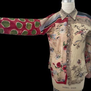Jean Paul Gaultier femme crazy art printed long sleeve blouse multi pattern 100% viscose button up shirt designer iconic 90s floral artsy