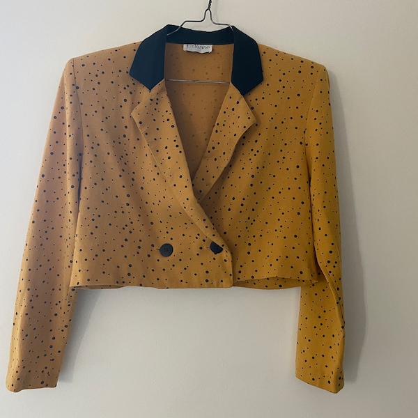 Vintage yellow & black button front long sleeve bolero jacket splatter polka dots printed cropped blazer jersey knit cotton blouse small 80s