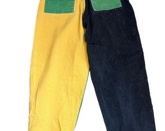 Années 90, couleurs croisées, bloc de couleur jaune vert noir, taille haute, jean en denim taille haute, étiquette hip hop, 100 % coton, jambe large, pantalon de créateur fabriqué aux États-Unis