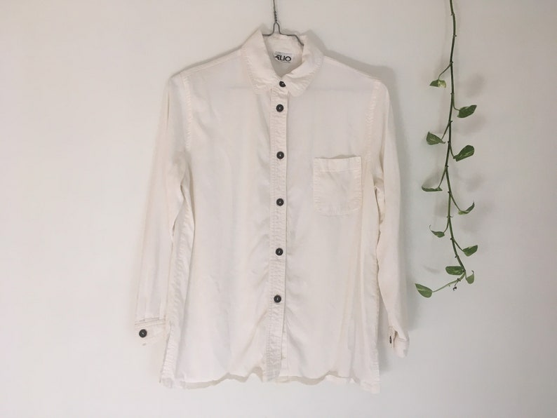 Vintage 1990s solid bone white button front ladies blouse Clio 1980s rayon Tencel long sleeve small made in USA classic basic shirt medium S