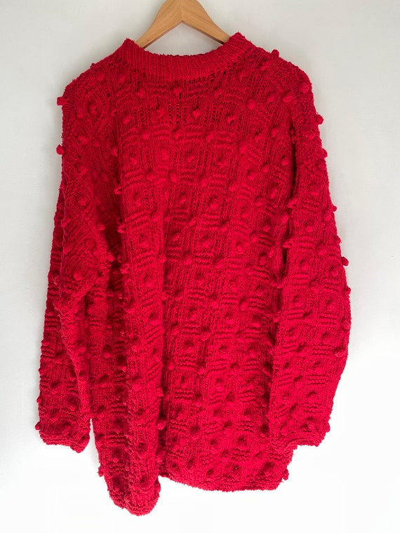 Vintage Hand Knit Cotton Pom Poms Sweater Solid Red Cable Bobble