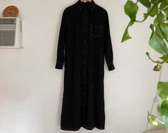 Vintage Y's Yohji Yamamoto structured long sleeve shirt dress black 100% wool ankle length maxi back slit Japanese designer made in Japan 3