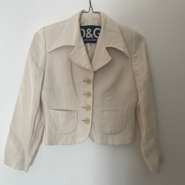 Y2k Dolce & Gabbana solid ivory cropped blazer jacket lightweight designer lined top made in Italy cream off white minimalist cotton 26/40