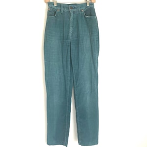Vintage 70s thin wale corduroy Levi's 26" ultra high rise waist turquoise blue cotton straight leg pants jeans soft classic white tab