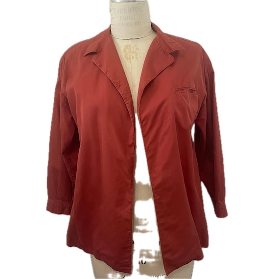 Fendi, 80s Fendi 365 rust red western workwear jacket canvas 100% cotton made in Italy size 38 trapeze coat open front blazer smile pocket Italian