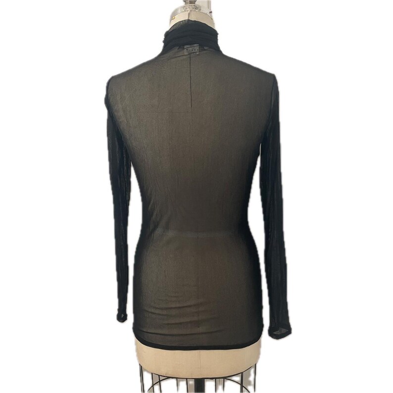 Vintage long sleeve black turtleneck sheer mesh top shirt blouse see thru stretch knit iconic made in France 90s french ruched 1990s medium image 4