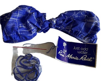 1980s Deadstock Rose Marie Reid blue & white bikini bandeau top removal neck strap bralette bra top ocean island print pattern sexy swimsuit