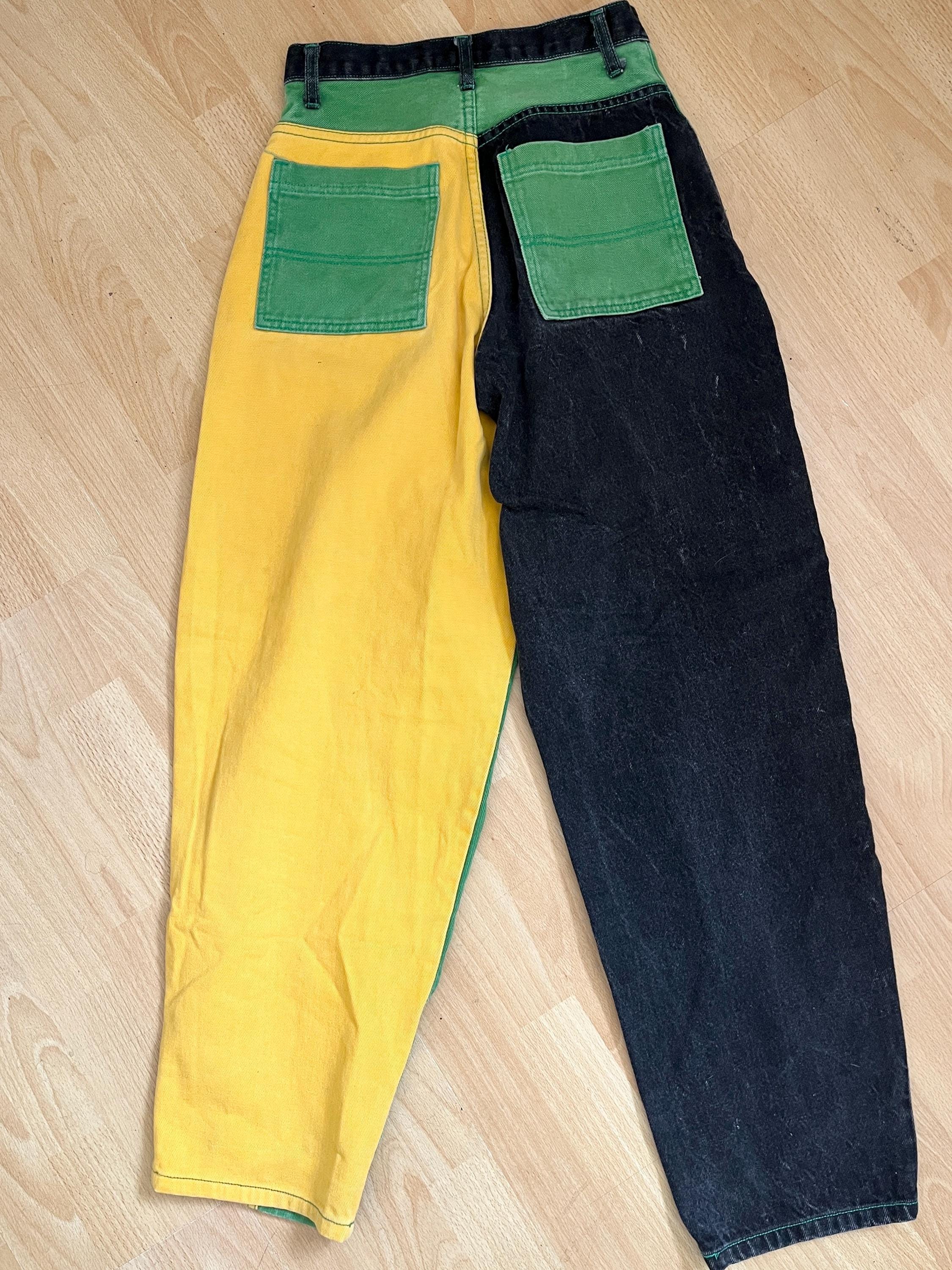 90s Cross Colours Color Block Yellow Green Black High Rise Waist
