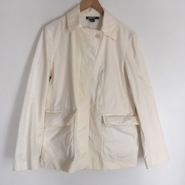 Vintage 90s DKNY solid blazer jacket lightweight summer coat bomber windbreaker 1990s made in Korea 100% cotton cream off white minimalist M