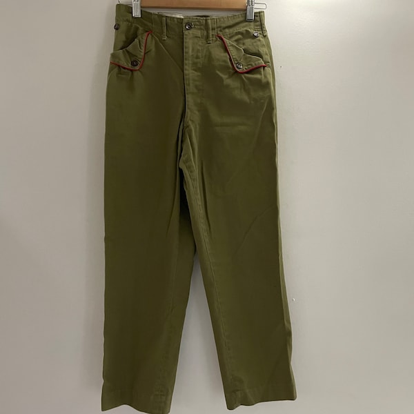 1950s Boy Scouts of America Pants Military trousers slacks army green Red Piping fits womens wide straight leg military work wear cropped 27