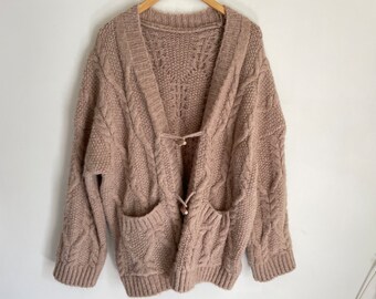 Vintage dream sweater oversize chunky cable knit dusty rose cashmere wool cardigan earth tone long sleeve deep v neck toggle buttons pockets