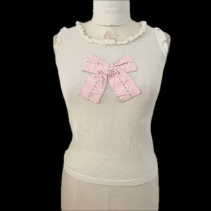 Moschino cream mesh jersey frilly tank top cotton shirt authentic Italian designer oversize bow ruffle trim see through made in Italy 42